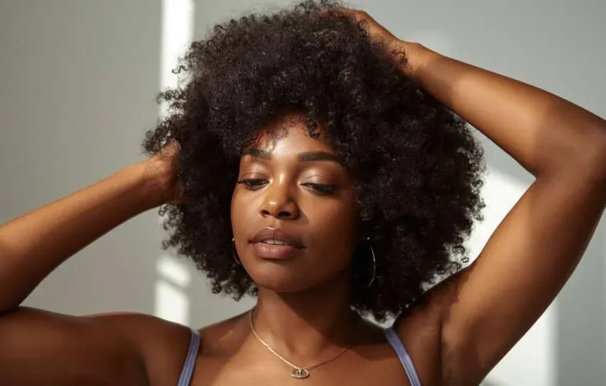 Black woman with natural 4C hair during wash day routine for deep conditioning