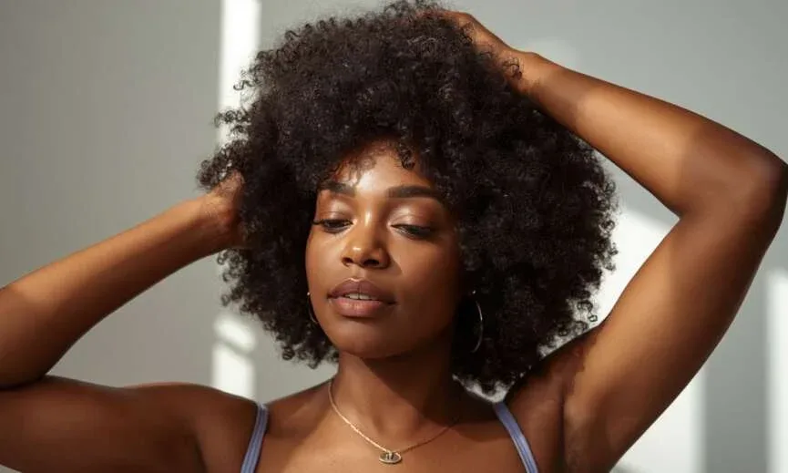 Black woman with natural 4C hair during wash day routine for deep conditioning