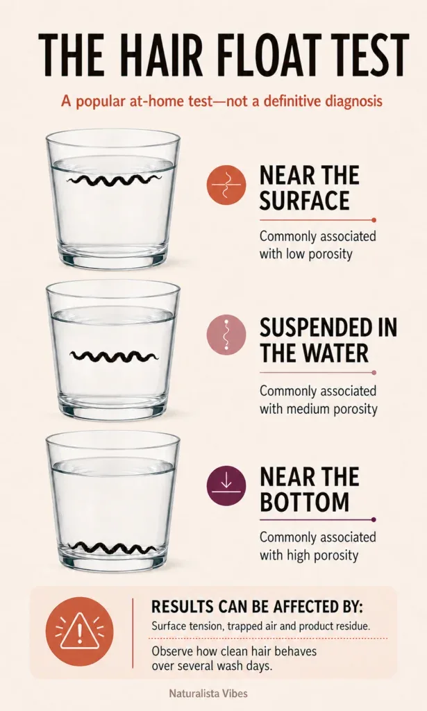 Hair float test showing strands near the surface, suspended in water and near the bottom, with a warning that results are not definitive.