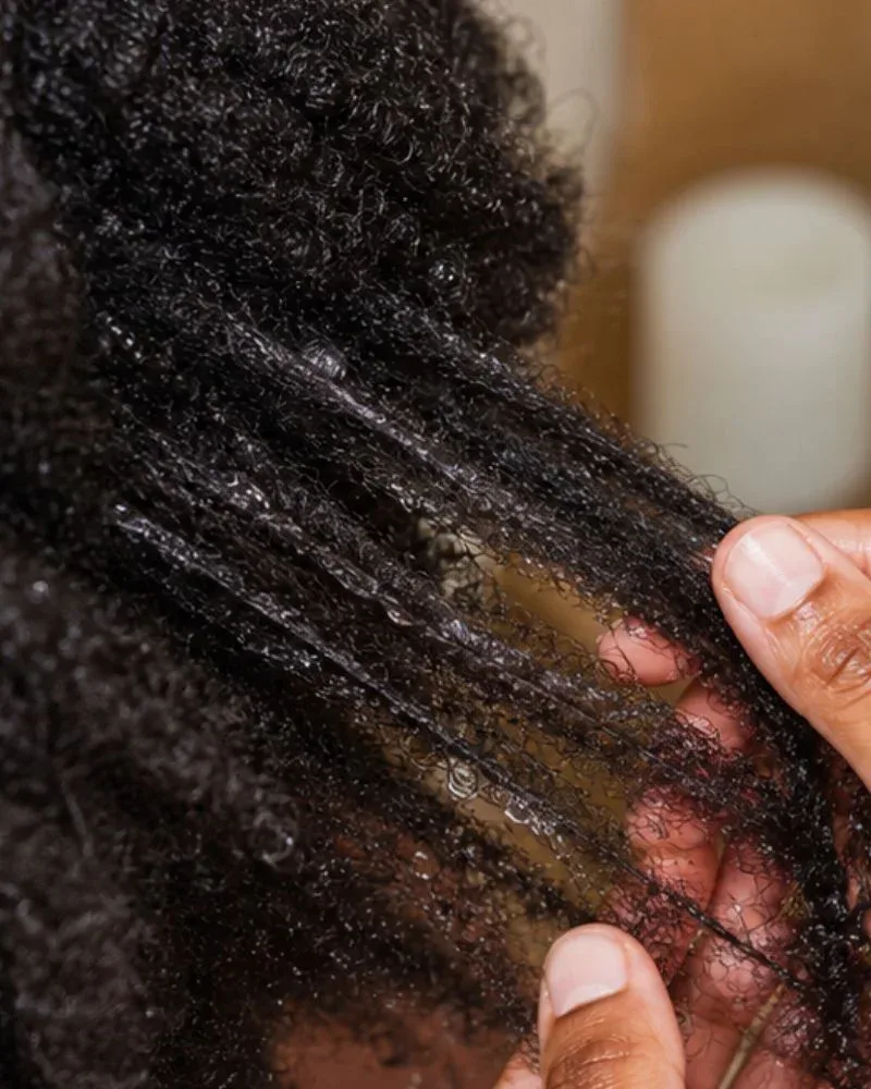 Water droplets beading on a damp section of tightly coiled natural hair.