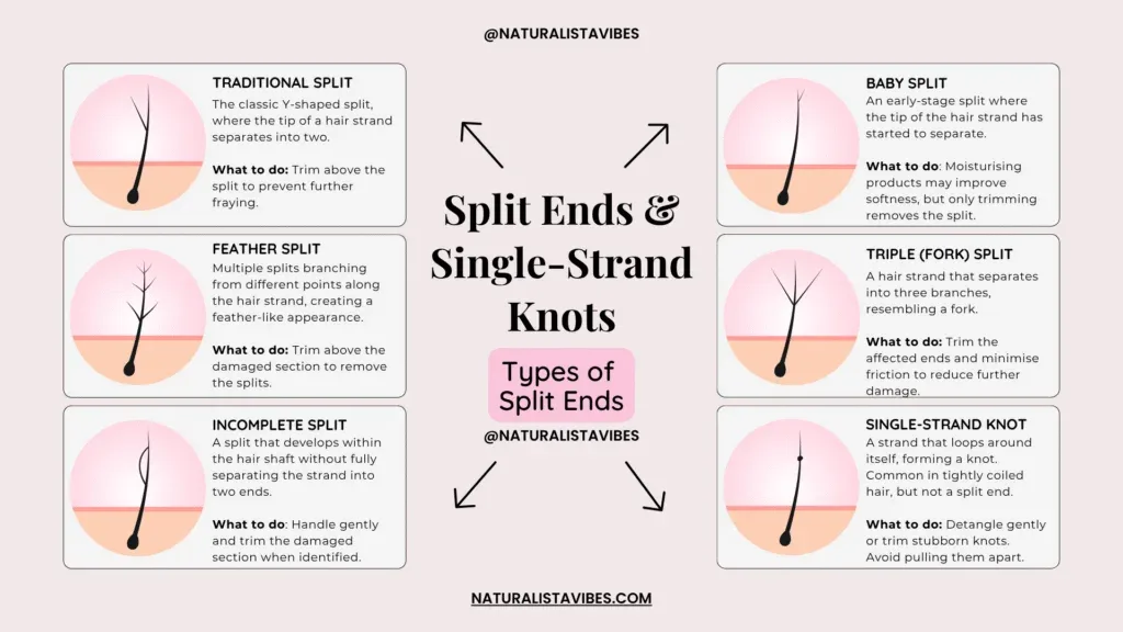 Infographic illustrating traditional, baby, feather, triple-fork and incomplete split ends, alongside a single-strand knot in natural hair.