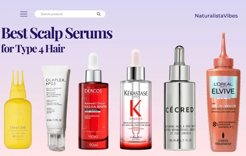 Selection of scalp serums for Type 4 hair arranged side by side on a neutral background