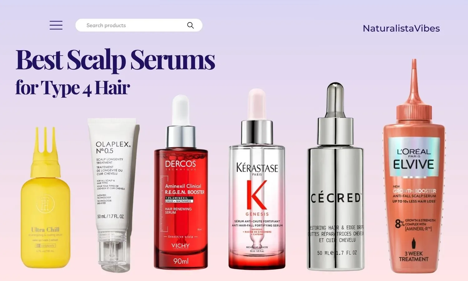 Selection of scalp serums for Type 4 hair arranged side by side on a neutral background