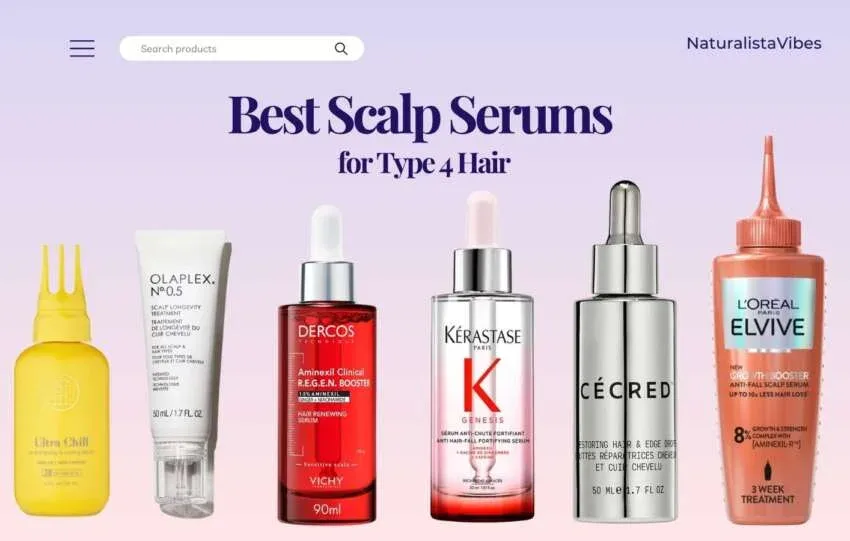 Selection of scalp serums for Type 4 hair arranged side by side on a neutral background