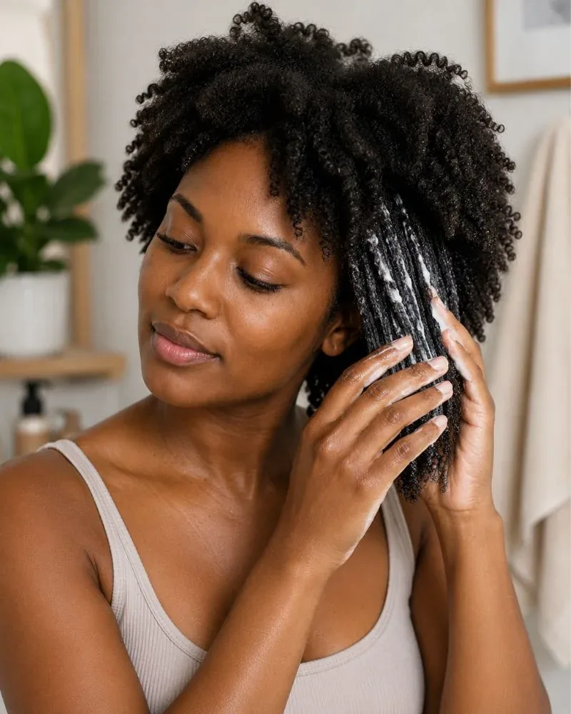 Woman applying leave-in conditioner to natural afro hair