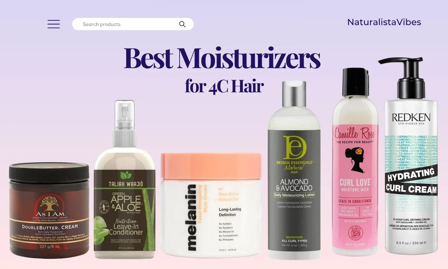 Five of the best moisturizers for 4C hair from As I Am, Melanin, Camille Rose, Taliah Waajid, Design Essentials and Redken