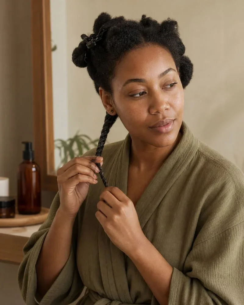 Woman creating a two-strand twist on freshly moisturised Type 4 hair