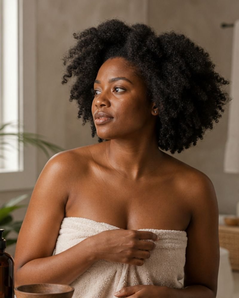 Woman with Type 4 hair preparing for wash day